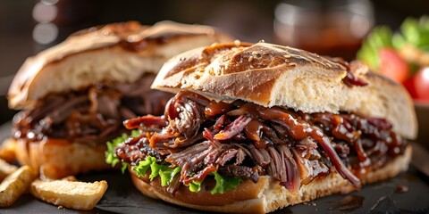 Wall Mural - Closeup of a loaded BBQ beef sandwich cut in half. Concept Food Photography, BBQ Sandwich, Close-up Shots, Delicious Eats, Mouth-watering Recipes