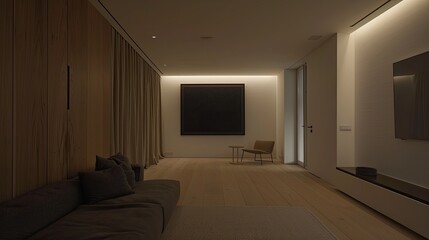 a minimalist living room featuring a dark gray sofa, a chic floor lamp, and a striking black painting for a high-end ambiance.