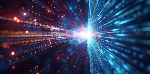 Digital Particles Explosion in Abstract Tech Background, Quantum Core, Computing Network System, Artificial Intelligence, and Global Data Connections