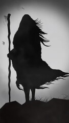 Wall Mural - vertical witch woman silhouette with birds and bats 4k loop features the silhouette of a woman with 