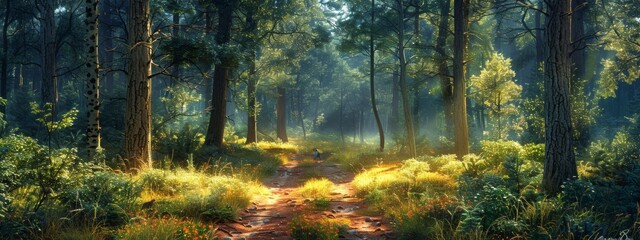 Wall Mural - A serene forest trail with towering trees, dappled sunlight, and a variety of wildlife. Peaceful and natural setting.