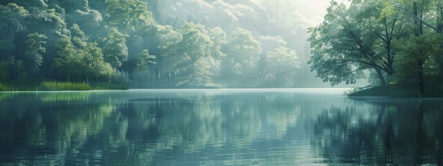 Wall Mural - A serene, lake background with still waters and reflections of the surrounding trees.