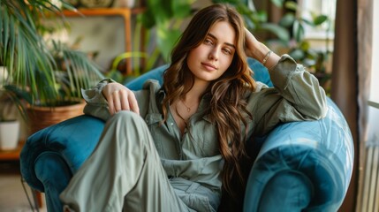 Wall Mural - A woman is sitting in a blue chair with her arms crossed