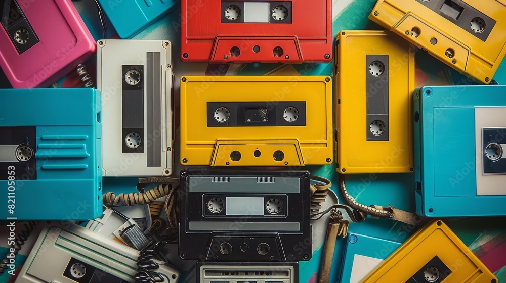 Nostalgia of vintage tech like cassette tapes and VHS, rendered in a ...
