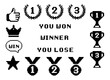© Sirbon - 8bit awards icons in pixel Y2k retro style. Winner cups, medals, trophy pixel art set and text: you won, winner, you lose. Achievement reward, first, second and third place prizes