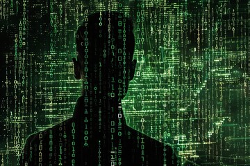 black silhouette with green data binary code green neon background - technology  matrix of darknet