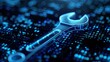 © atipong - Blue digital wrench spanner with glowing binary code: AI in maintenance management systems, predictive maintenance algorithms, equipment diagnostics, and remote repair assistance.