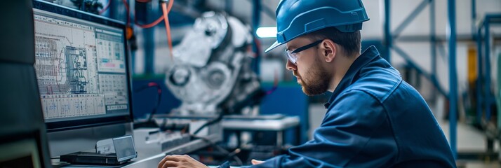 An engineer attentively analyses designs on a computer monitor with a robotic arm in the background in a high-tech environment