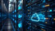 © Tackey - A modern data center with glowing blue lights and a cloud computing icon, representing network infrastructure and digital technology.