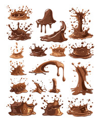 Canvas Print - Chocolate jets cartoon vector set. Drops splashes melted smudges hot cocoa stains beans bitter sweet dessert, illustration isolated on white background