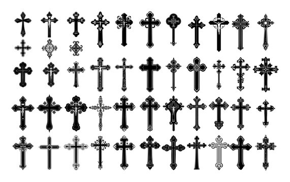 Christian crosses black silhouettes vector set. Creed catholic protestant orthodox release cult church accessory, monochrome icons isolated on white background