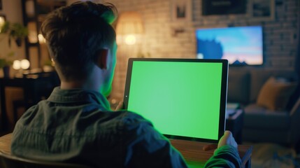 Wall Mural - Sitting at the desk, a man watches a mock-up screen from a digital tablet computer. Looking at videos or browsing the internet. A cosy living room sits in the background.