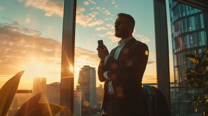 Wall Mural - In the background is a view of a big city from a low angle, with a successful businessman in a suit standing in his office, using a mobile phone and looking out the window.