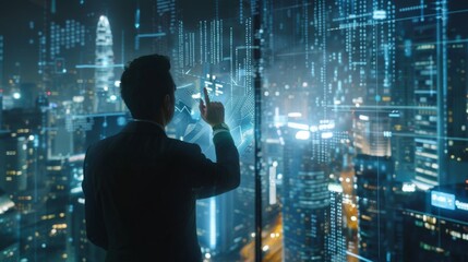 A point-of-view shot of a businessman using an Augmented Reality Touchscreen to control business graphs and numbers. The background is a panorama of a Big City Business District.