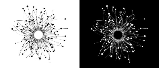 Fototapete - Abstract background with lines and stars. Social connect or team working concept. Black shape on a white background and the same white shape on the black side.