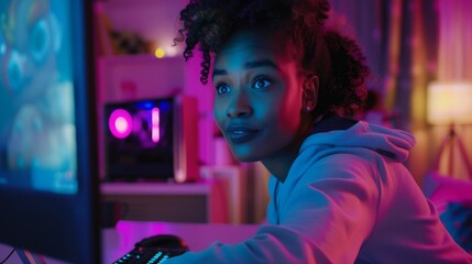 Wall Mural - Excited Black Gamer Girl Plays First-Person Shooter Video Game on Her Computer. Room and computer have colorful neon led lights. Cozy evening at home.