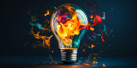 Wall Mural - Colorful Creative Idea Concept Lightbulb Paint Splatter Splash Explosion Thinking Innovation Inspiration Imagination Brainstorming Creativity Eureka Moment Bright Energy Power Glowing Illuminated Dark