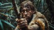 © Антон Сальников - Prehistoric Neanderthal Hunter preparing to throw spear in the jungle wearing animal skin and fur. Portrait of a prehistoric caveman hunting with a stone-tipped spear in the prehistoric forest.