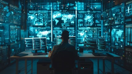 Computer specialist working with monitors showing the coding language program in the technical room of the data center.
