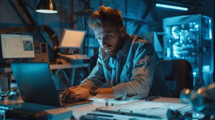 Wall Mural - This image depicts an industrial engineer sitting at his desk, working on his laptop computer, analysing mechanisms and blueprints. Behind him is a functional factory with CNC machinery in the