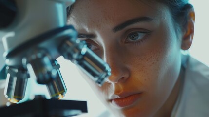 Wall Mural - An elegant microbiologist looks under a microscope as she analyzes a test sample. A brilliant scientist, microbiologist, working with high-tech equipment. Close-up.