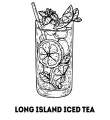 Long island iced tea cocktail illustration. Hand drawn sketch. Vector illustration. Isolated object.