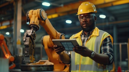 engineer wearing safety vest and hardhat, programming robot arm with industrial tablet, smiling at c