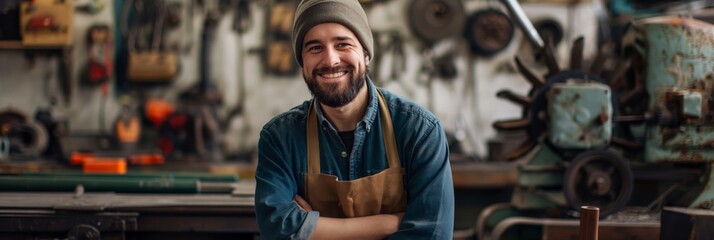 Confident young artisan stands in his workshop filled with tools and machinery, arms crossed