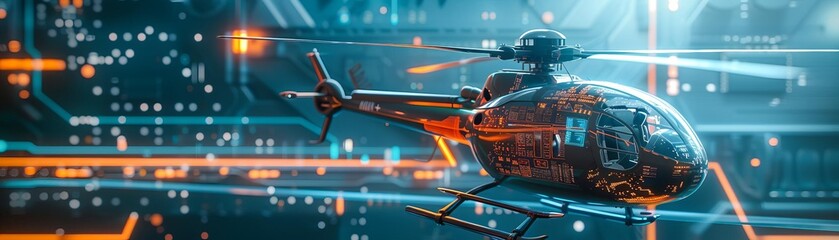 Wall Mural - Photo of a futuristic electric helicopter model connected to an electronic mainboard with AI label, indicating AIpowered aircraft communication systems