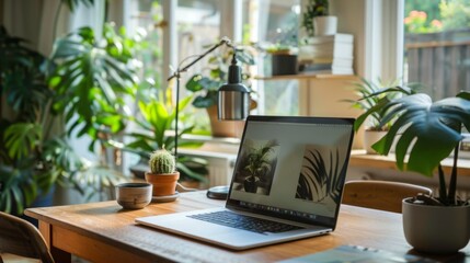 Poster - A laptop is placed on a wooden table in front of a window, creating a workspace with natural light.