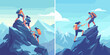 © MicroOne - Climbers cartoon vector concepts. Men woman each other helping partners colleagues unity together overcoming goal target employees characters, team working illustrations