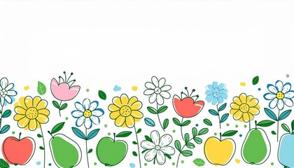 Wall Mural - Whimsical border design with flowers and fruits illustration on white background