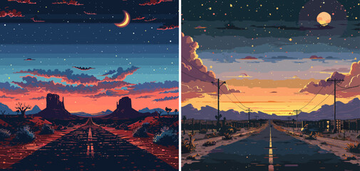 Wall Mural - desert highway pixel art vector illustration. road sunset sky sun clouds moon bushes sand prairie ro