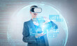 © InfiniteFlow - Caucasian business woman wear VR headset while looking at financial graph and connect with global networking communication. Project manager analyze marketing data and stock market chart. Contraption.