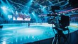 © Антон Сальников - The Split Screen TV News Live Report: Anchor Talks. Reportage Montage: Professional Ice Hockey Game Championship Match, Goal Scoring, Celebrating. TV Channel Concept.