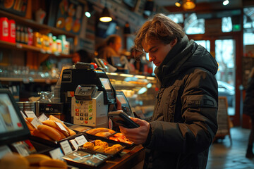 A person using a mobile payment app to make a contactless purchase, showcasing the convenience of digital transactions.A man is using his mobile phone while inside a bakery shop