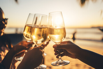 Canvas Print - a group of friends African American hands toasting champagne glasses for Christmas with a beach background, a celebration or engagement concept