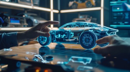 Wall Mural - A team of automotive engineers is working on a 3D electric car design using smartphone augmented reality software using gestures. They're designing graphic parts, choosing the body and color for the