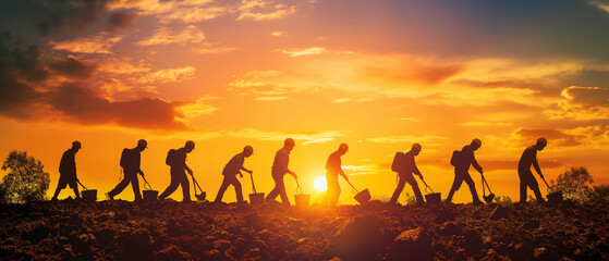 Silhouette of group construction workers working in a field at sunset. Labor day illustration