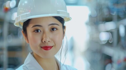 Wall Mural - This close-up portrait depicts a beautiful, happy and smiling Asian female engineer wearing a white hard hat. This successful heavy industry specialist stands in front of a camera at an electronics