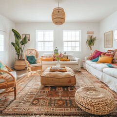 Poster - A living room with a white couch, a brown ottoman, and a rug