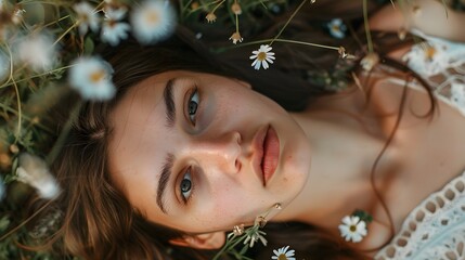 A young woman with long hair lies in a field of white flowers