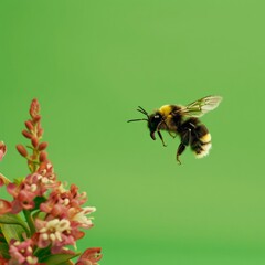 Sticker - A bee is flying over a green background with pink flowers