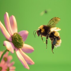 Canvas Print - A bee is flying over a pink flower