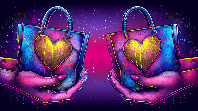 Two people holding bags with hearts on them