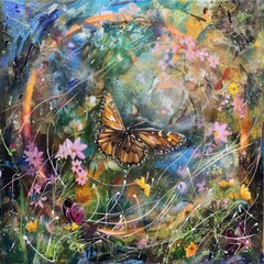 Canvas Print - A painting of a butterfly in a field of flowers