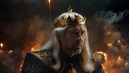 Wall Mural - evil king with golden crown with smoke and fire 4k loop features an a.i. generated video close-up of