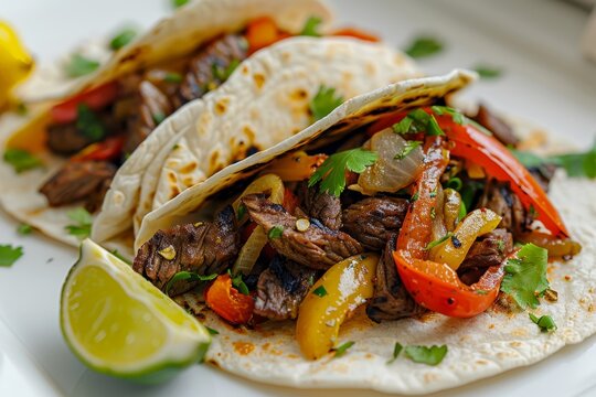 Beef tacos topped with fresh peppers and lime slices displayed on a white plate. Mexican food is delicious, traditional pita bread. Spicy meat food. Blurred background. Fast food. Many calories 