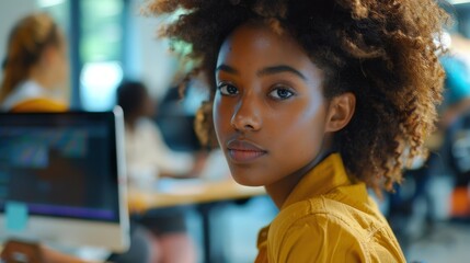 Canvas Print - Stunning young African female student studying at a contemporary university with diverse, multicultural classmates. College scholars studying information technology, programming, or computer science.