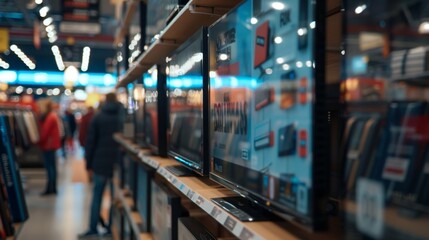 Wall Mural - Home Electronics Store with a Range of Modern Smart TV Sets. Customers Explore Discounted Home Appliances in a Busy Retail Storefront Showroom during the Black Friday Sales.